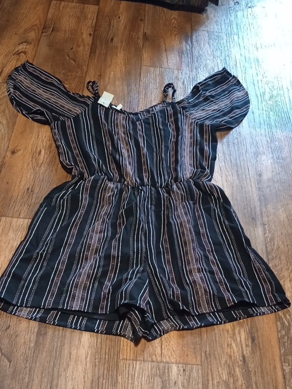 Multicolored Cold Shoulder Black Romper with Pink and Cream Stripes Med